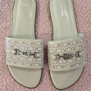 Calvin Klein Cream Monogram Chain Slide Sandals